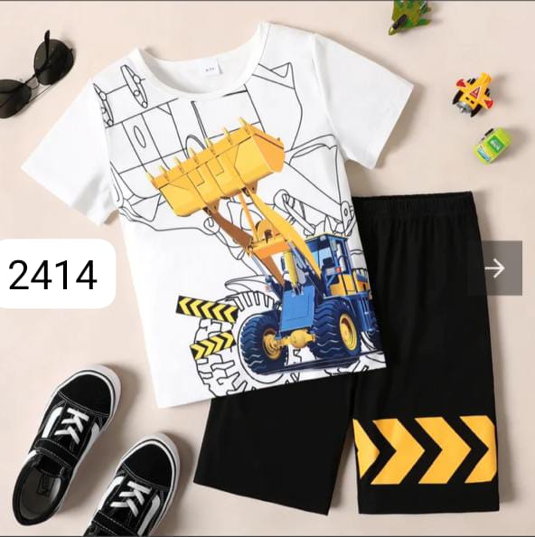 Excavator print Short-sleeve Tee and Black Shorts Set