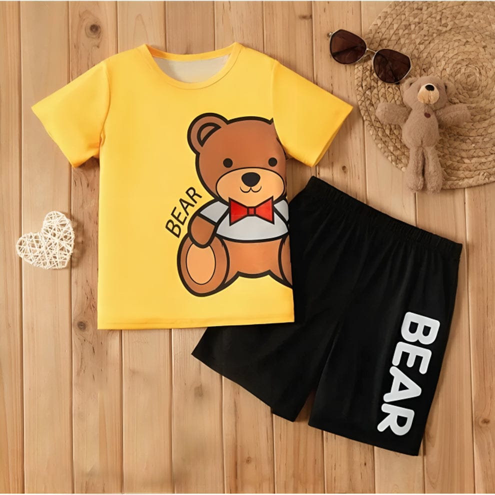 Kids Bear Printed Half Sleeves Round Neck T shirt With Printed Shorts