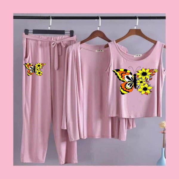 Colored Butterfly 3 Pcs Night Suit