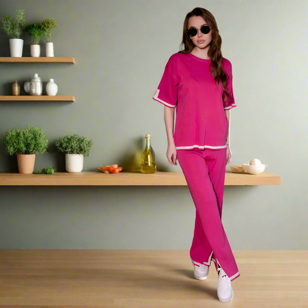 Desi Gulab Slit Short Sleeve T-shirts and High Waist Wide Leg Pants