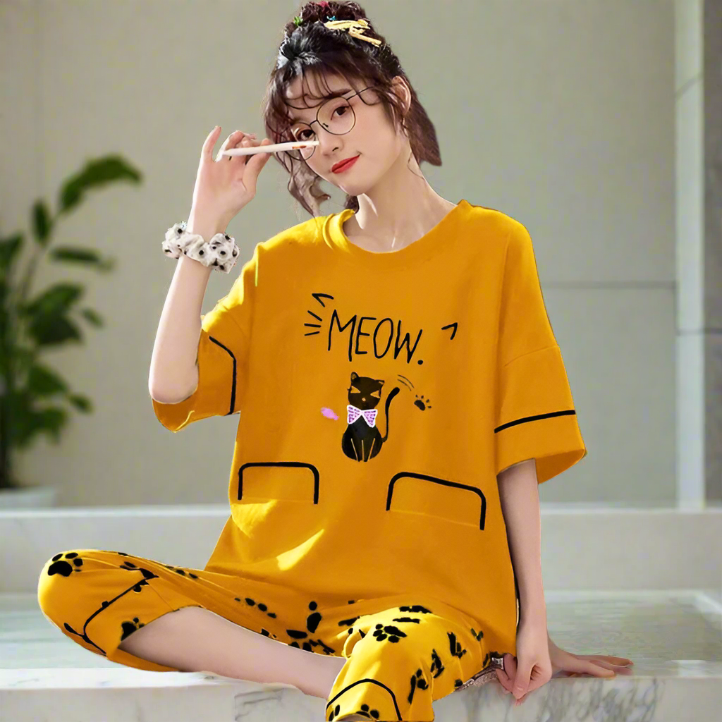 Yellow Meow Printed PJ Nightsuit