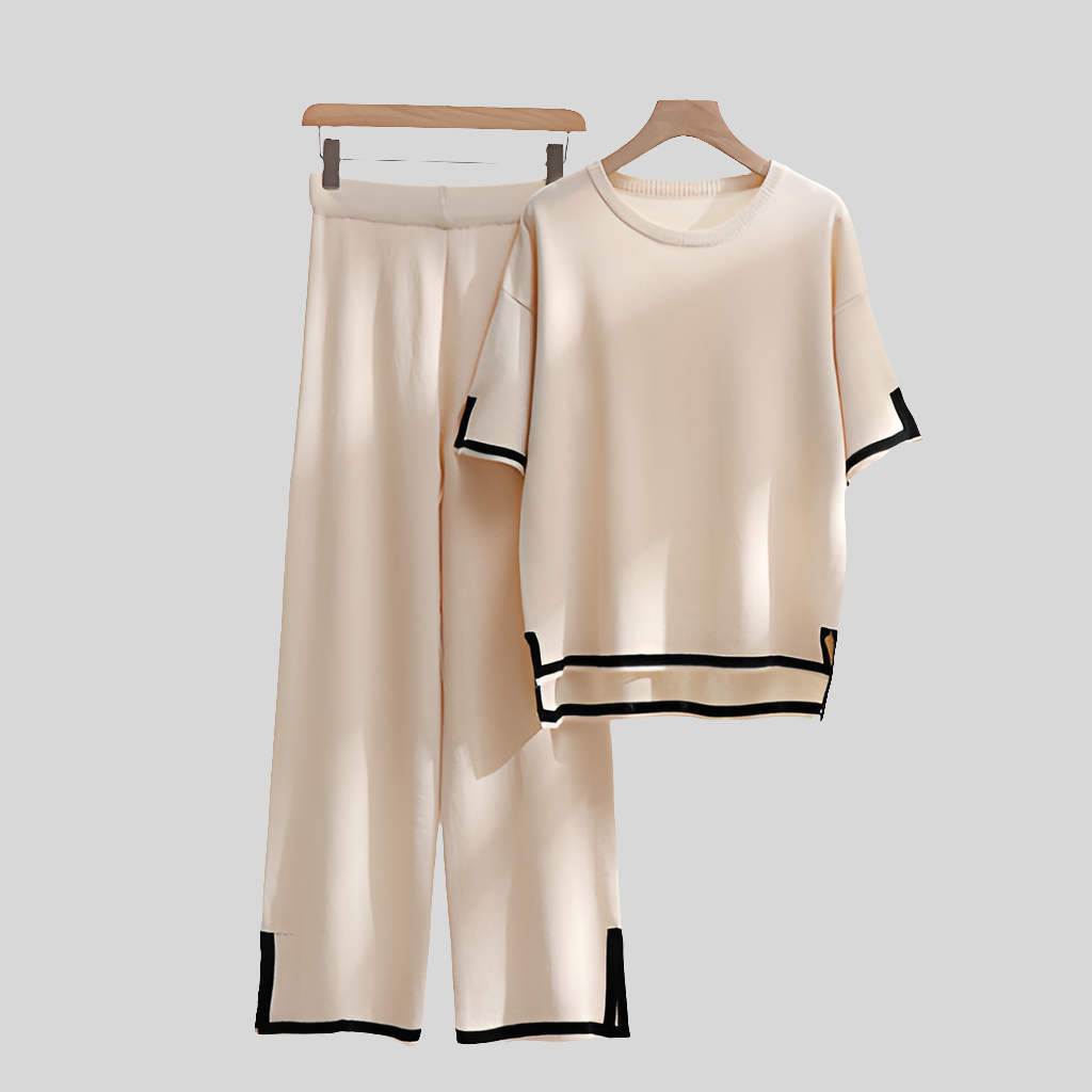 Cream Black Slit Short Sleeve T-shirts and High Waist Wide Leg Pants