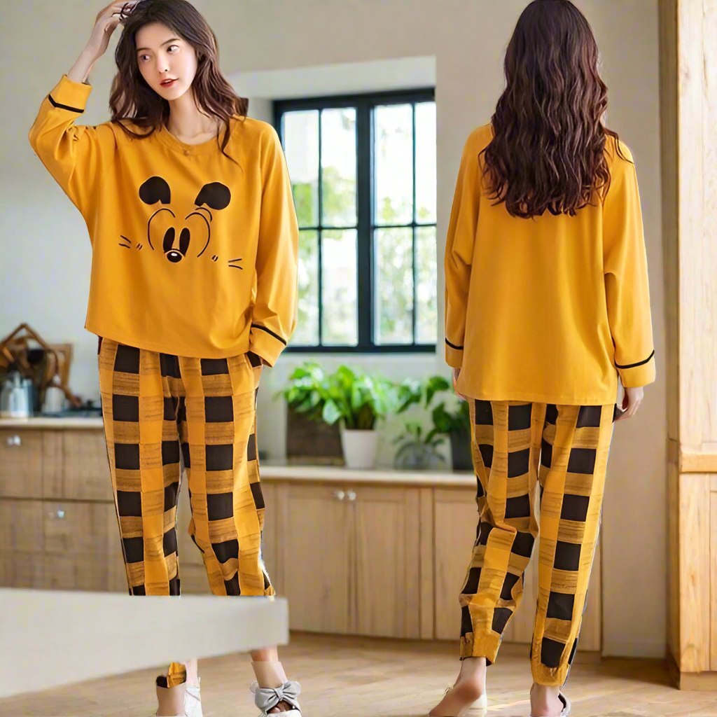 Mustard Contrast Check Woman Pajama Set