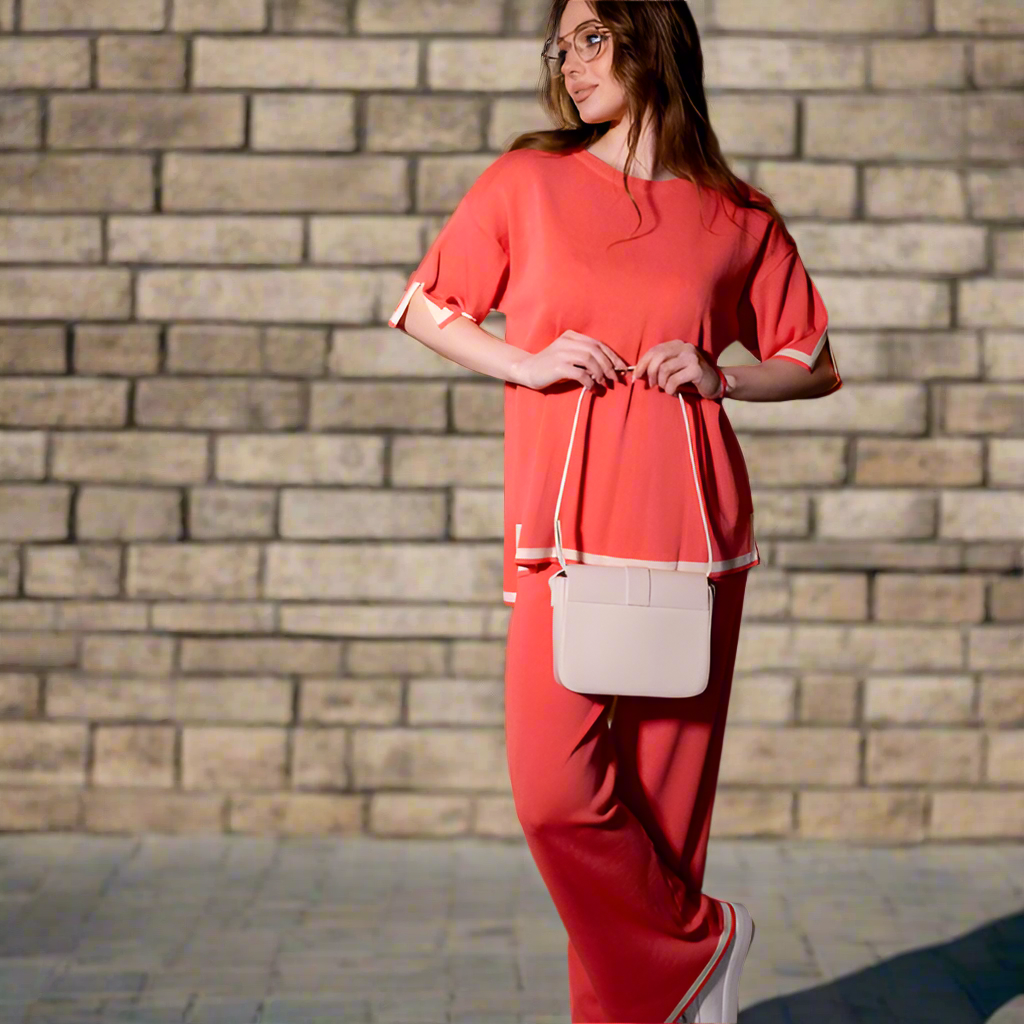 Tarbozi Slit Short Sleeve T-shirts and High Waist Wide Leg Pants